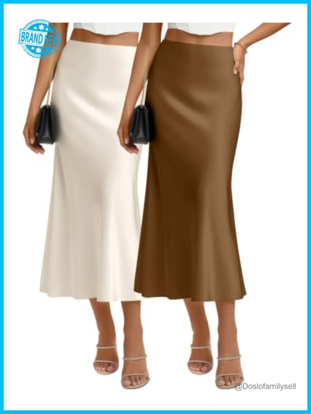 2 Pack Women's High Waist Satin Flowy Midi Skirts A-Line